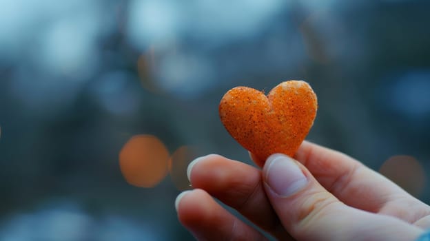 A person holding a heart shaped snack in their hand