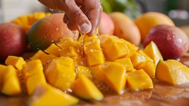 A person sprinkling mango slices with water on a cutting board