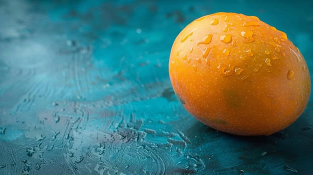 An orange sitting on a blue surface with water droplets