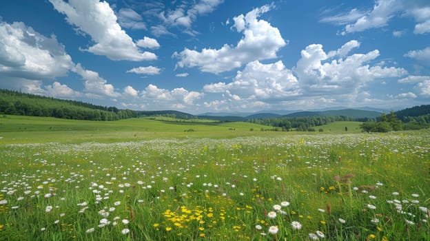 A field of wildflowers and grass under a blue sky