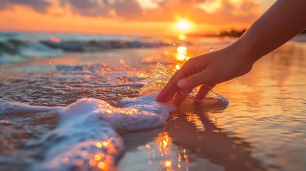 A person touching the water with their hand at sunset