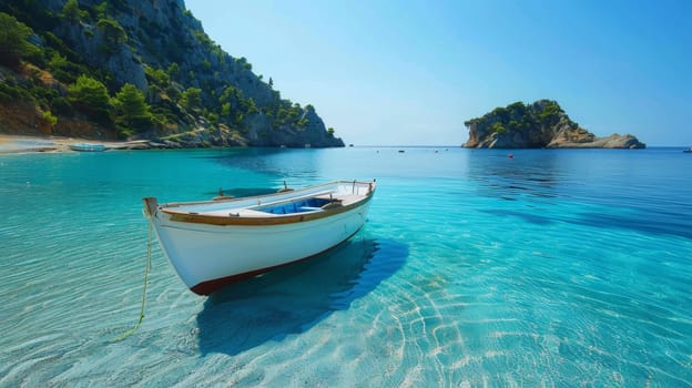 A boat is sitting on the clear blue water of a beach