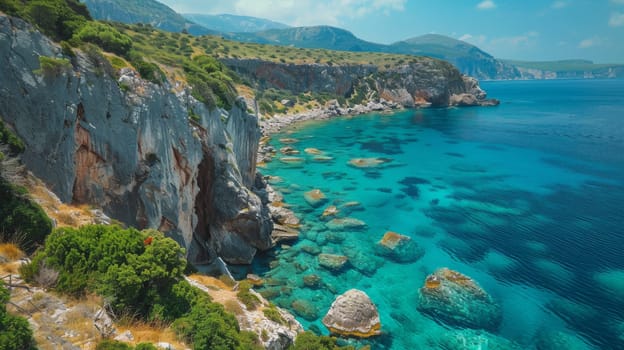 A view of a rocky cliff with blue water and green trees