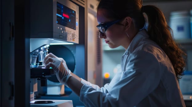 A woman in lab coat working on something with a microscope