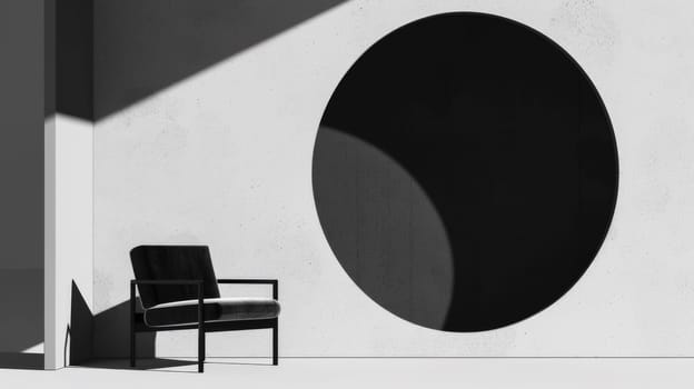 A chair in front of a wall with an oval mirror