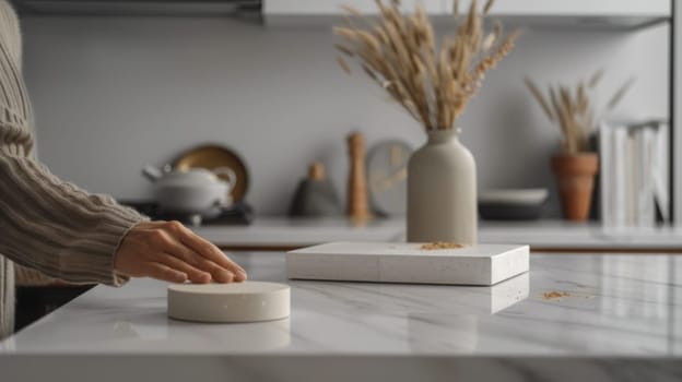 A person is touching a white object on the counter top