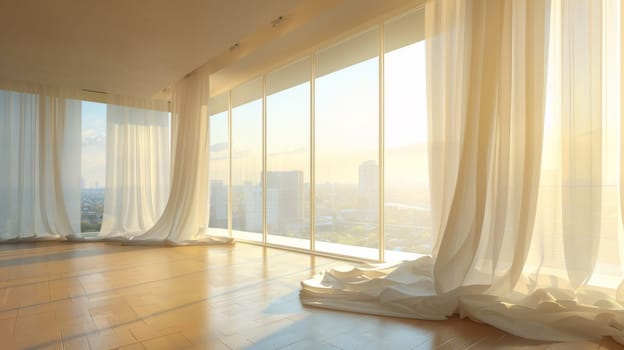 A large room with a view of the city and some curtains