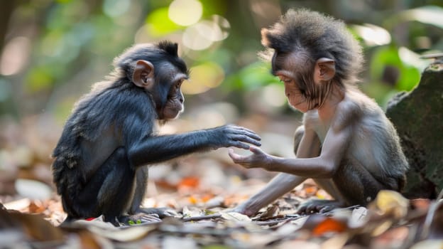 Two monkeys playing with each other in the leaves of a forest