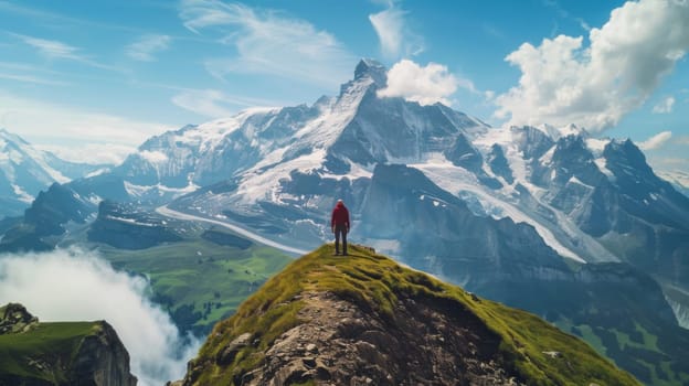 A person standing on top of a mountain with snow capped mountains in the background