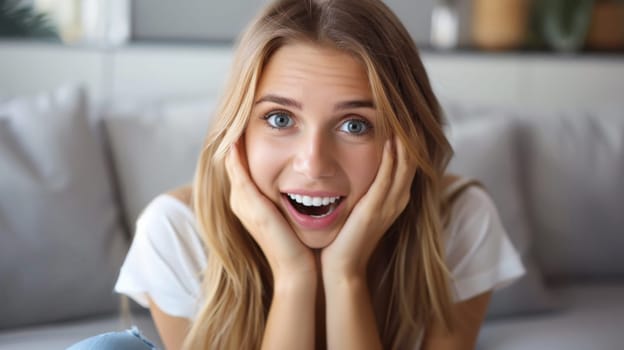 A woman sitting on a couch with her hands over her face