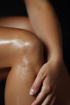 A close up of a woman's legs with lotion on them