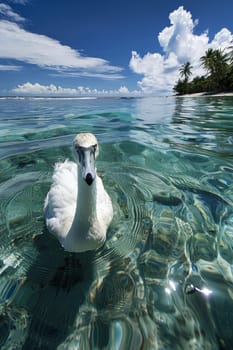 A white swan swimming in clear water with a blue sky