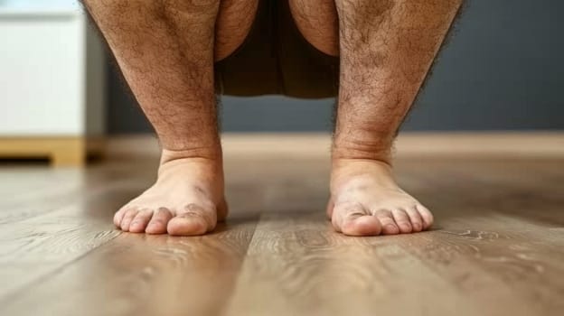 A man with hairy legs is standing on a hardwood floor