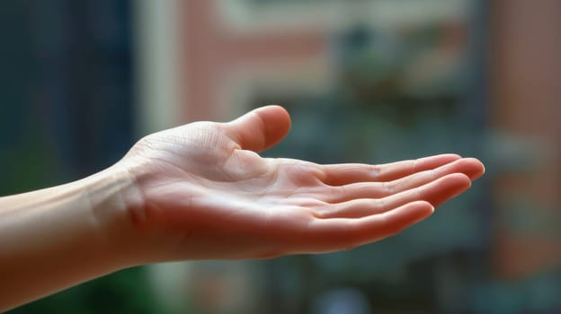 A person's hand is outstretched with a palm facing the camera