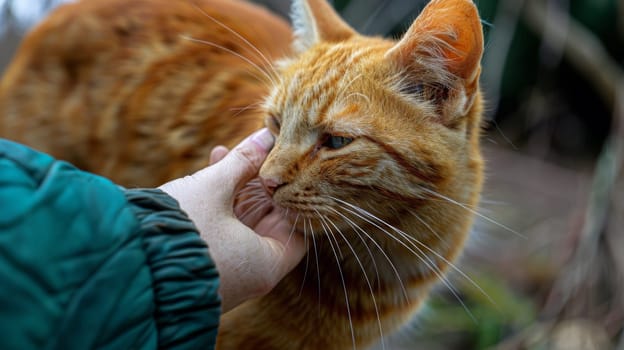 A person petting a cat with their hand while wearing green jacket