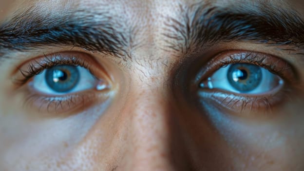 A close up of a man's face with blue eyes