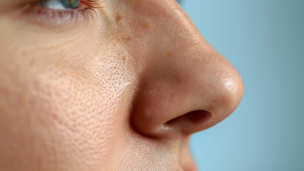 A close up of a woman's nose with some freckles