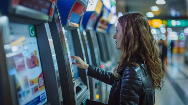 A woman in a black jacket using an atm machine