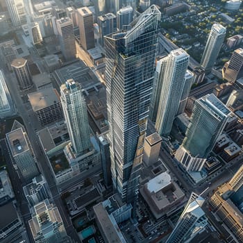 An urban landscape filled with skyscrapers and tower blocks, showcasing the citys impressive urban design. The view consists of a mix of commercial buildings, condominiums, and towering structures