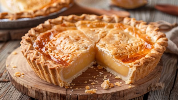 A pie with a slice missing on top of wooden cutting board