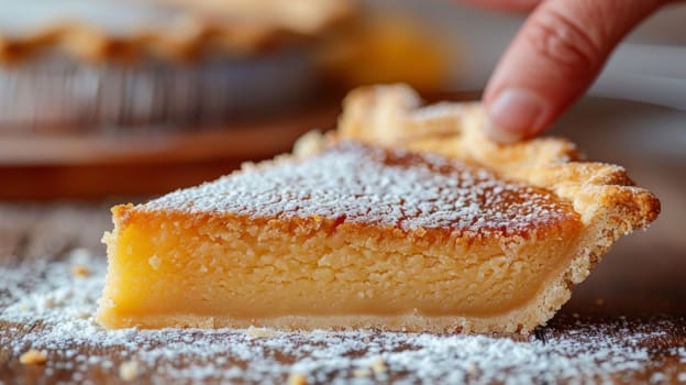 A person is picking up a piece of pie with powdered sugar on it