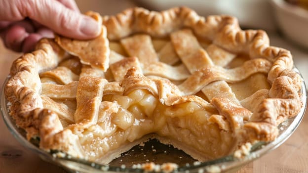 A person is holding a piece of pie with their finger
