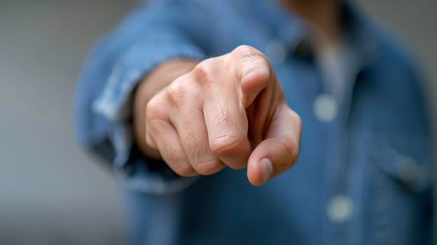 A man in a blue shirt pointing at something with his finger