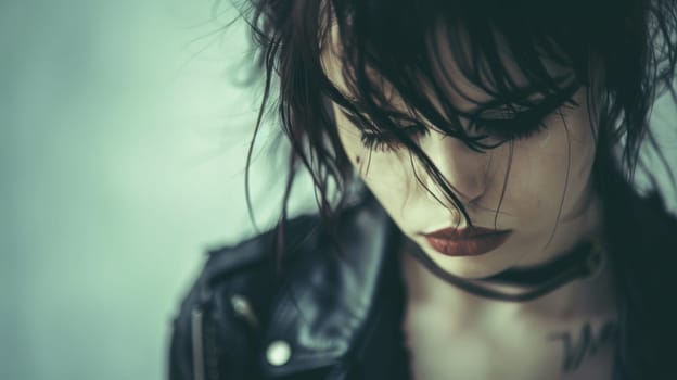 A woman with black hair and a leather jacket looking down