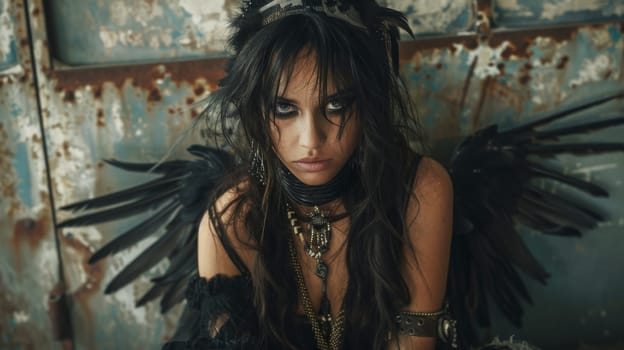 A woman with black hair and a gothic look sitting on the floor