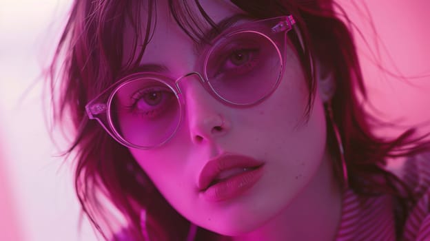 A woman with glasses and a pink background