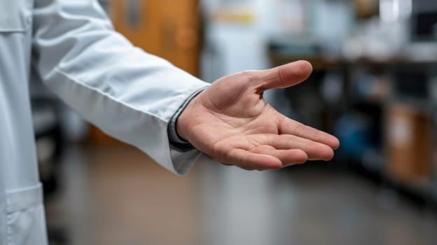 A person in a lab coat with their hand outstretched