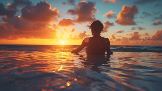 A person sitting in the water at sunset with a surfboard