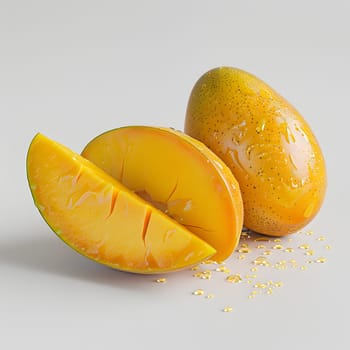 Two ripe mangoes, a seedless fruit, are sliced in half and displayed on a clean white surface. Mangoes are a popular superfood and staple in many cuisines