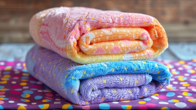 Two colorful towels folded on a table with polka dot cloth