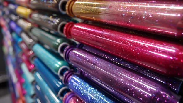 A row of bottles filled with different colored glitter and other things