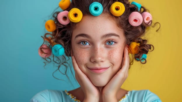 A young girl with hair curlers in her hair posing for a picture