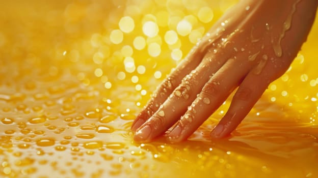 A person's hand is touching a yellow liquid with bubbles