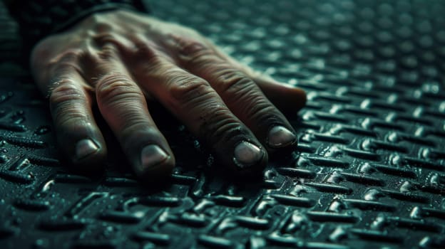 A close up of a person's hand on top of some metal