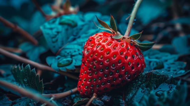 A strawberry sitting on top of a bunch of leaves