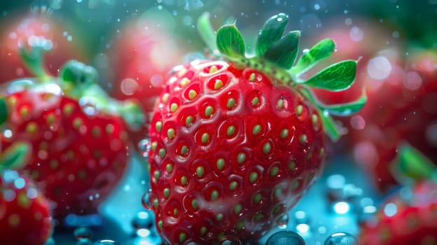 A close up of a bunch of strawberries sitting in water