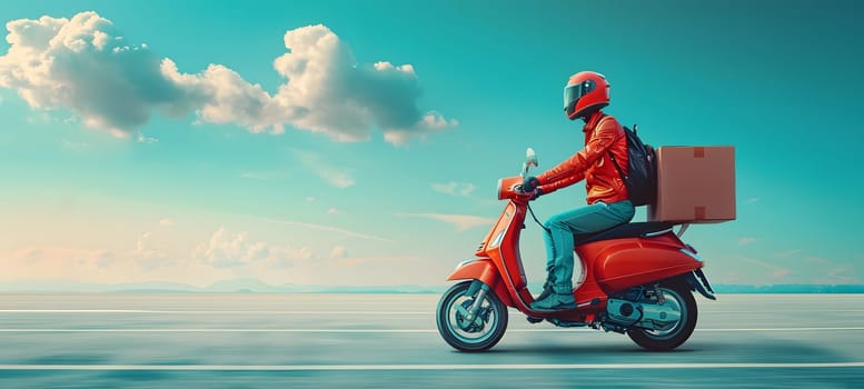 A delivery man is cruising on a scooter with a box on the rear. The wheels are rolling on the road under the sky full of clouds