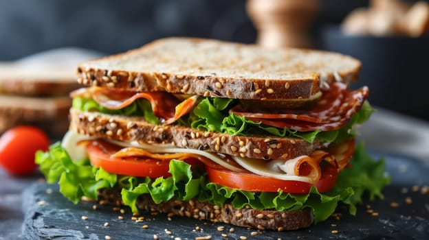 A sandwich with lettuce, tomato and bacon on a black plate