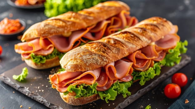 A large sandwich with ham and tomatoes on a cutting board