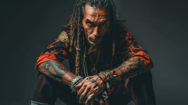 A man with dreadlocks and tattoos sitting on a skateboard