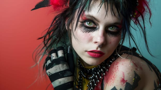 A woman with a painted face and piercings posing for the camera
