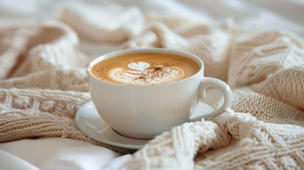 A cup of coffee on a bed with white sheets