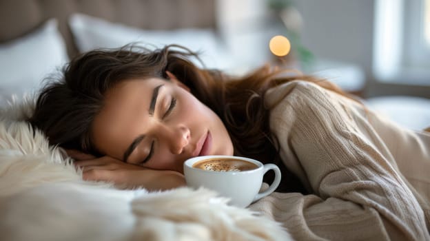 A woman sleeping with a cup of coffee on her lap