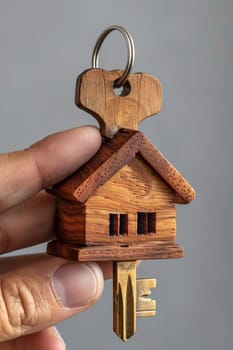 A person holding a miniature house keychain with two keys