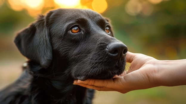 A black dog with its head in a person's hand