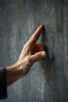 A man pointing at something on a wall with his finger